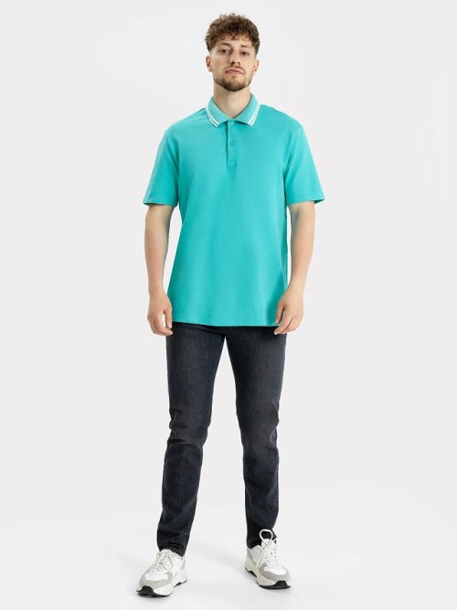 Джемпер-поло хлопковый в зеленом оттенке с линиями на воротнике, фото 3 из 4