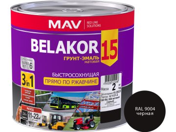 Грунт-эмаль BELAKOR 15 прямо по ржавчине 3 в 1 быстросохнущая RAL 9004 (чёрная) матовая 2,4л (2,0 кг)