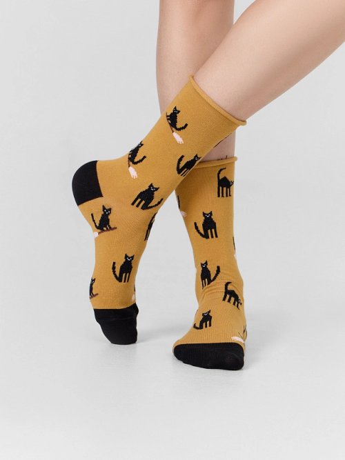 Носки женские оранжевые с принтом котов, фото 2 из 7