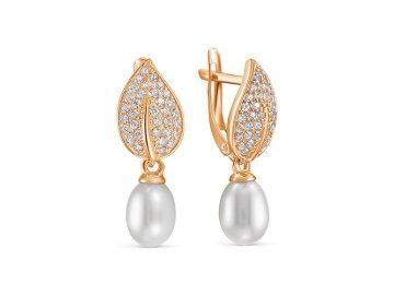 Серьги длинные, красное золото 585 проба, вставка фианит/жемчуг