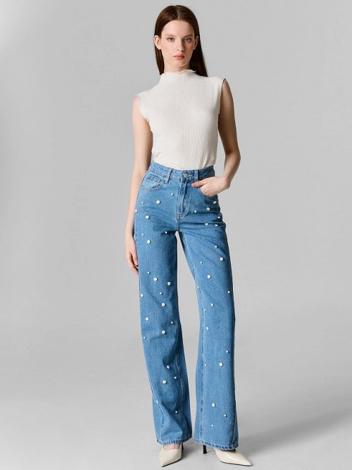 Джинсы Wide leg женские синие с декоративными элементами, фото 1 из 8