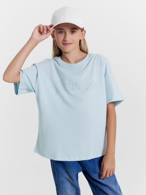 Футболка для девочек голубая с аппликацией из страз, фото 1 из 5