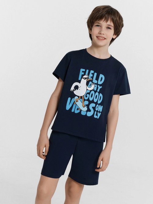 Комплект для мальчиков синий с принтом и надписью "Field day good vibes only", фото 1 из 8