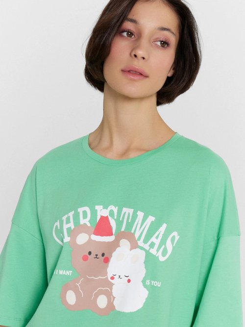 Туника домашняя женская зеленая с принтом "Christmas", фото 4 из 8