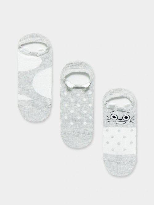 Носки женские мультипак (3 пары) светло-серые с рисунком в виде мордочки с 3D-ушками, фото 4 из 5