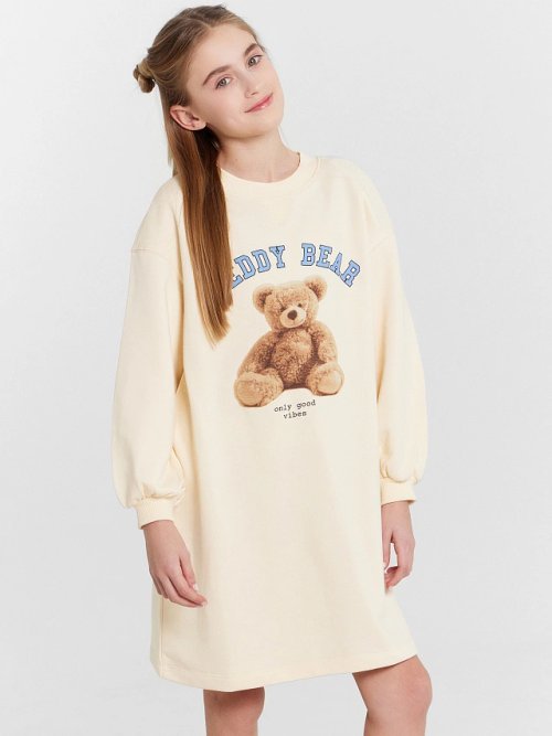 Платье для девочек бежевое с принтом "Teddy bear", фото 1 из 20