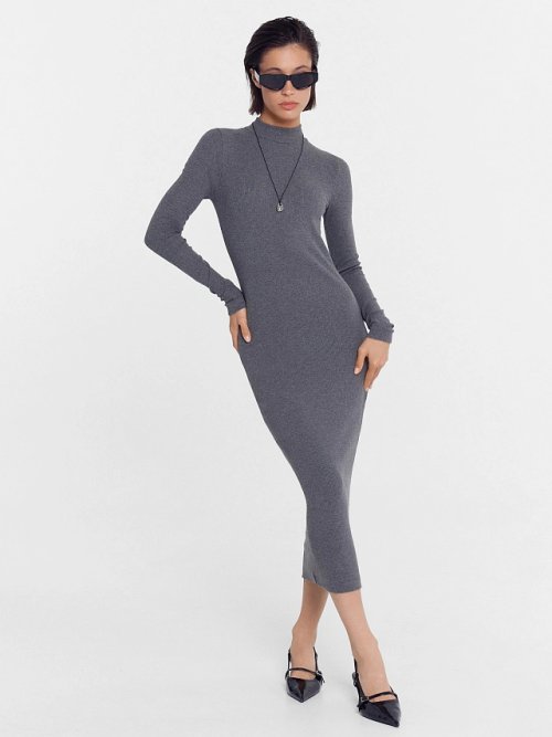 Облегающее платье миди в рубчик темно-серого цвета, фото 2 из 5