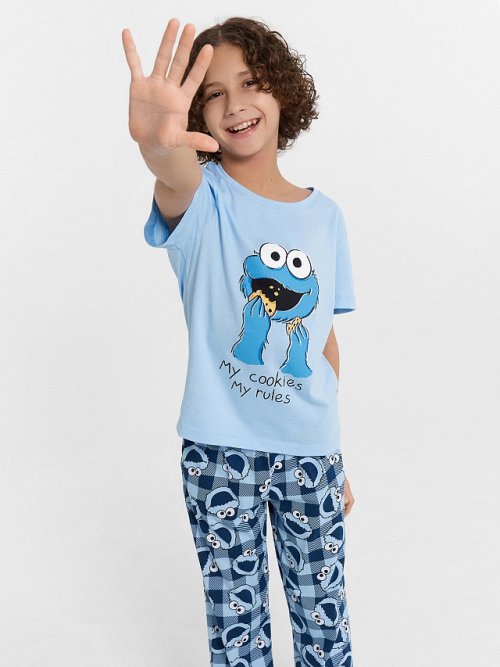 Пижама для мальчиков голубая с принтом Cookie Monster, фото 2 из 9