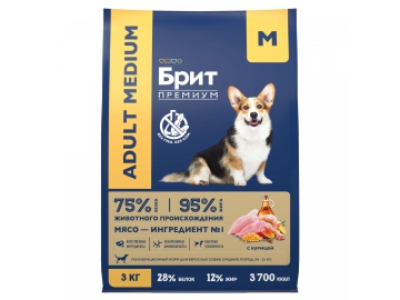 Корм Брит ПРЕМИУМ Dog Adult Medium для взрослых собак средних пород, Курица, 3 кг в Молодечно Зообазар