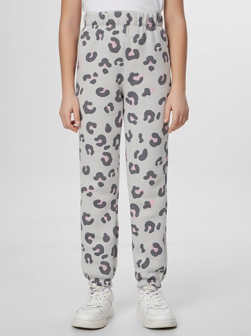 Теплые брюки для девочек серые с леопардовым принтом, фото 1 из 5