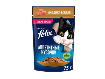 Пауч Felix для взрослых кошек, кусочки в желе с индейкой, Аппетитные кусочки, 75 г Зообазар