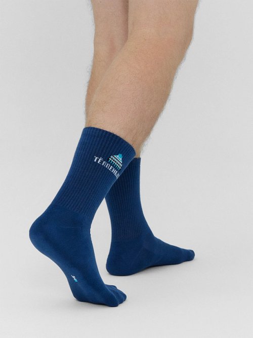 Носки мужские в джинсово-синем цвете с рисунком в виде надписи "Тепленько", фото 2 из 12