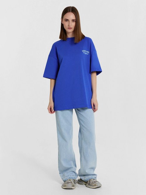 Футболка женская синяя с принтом и надписью "north side", фото 3 из 6