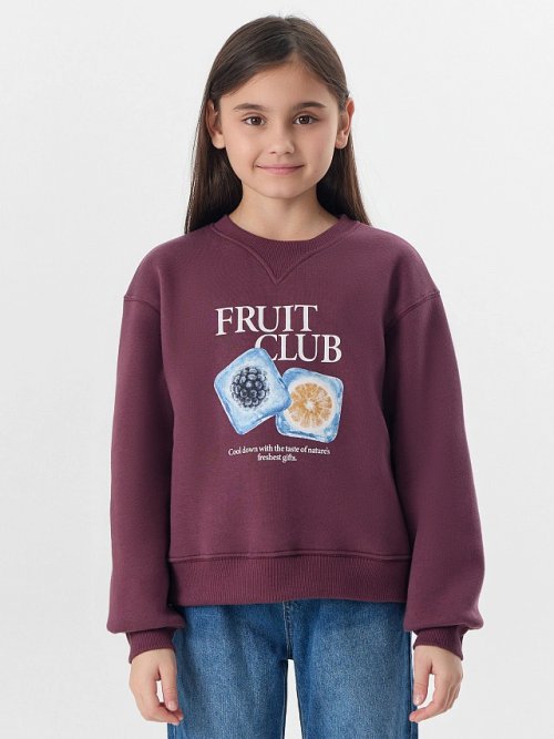 Свитшот для девочек бордовый с надписью "Fruit club", фото 1 из 24