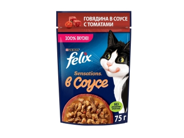 Пауч Felix для взрослых кошек, с говядиной в соусе с томатами, Sensation, 75 г Зообазар