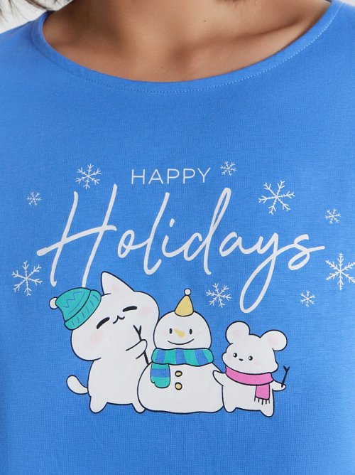 Пижама женская голубая с принтом и надписью "Happy Holidays", фото 6 из 20