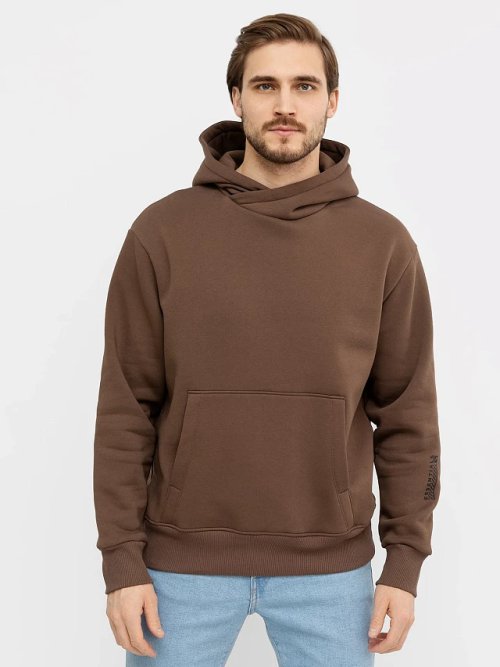 Теплое свободное худи кофейного цвета с карманом-кенгуру, фото 2 из 5