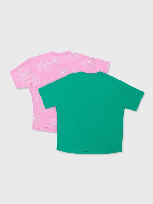 Футболка для девочек мультипак (2 шт.) в зеленом и розовом цвете с цветами, фото 6 из 7
