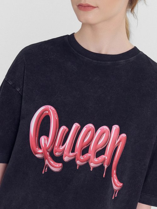 Футболка женская черная оверсайз с надписью "queen", фото 4 из 25