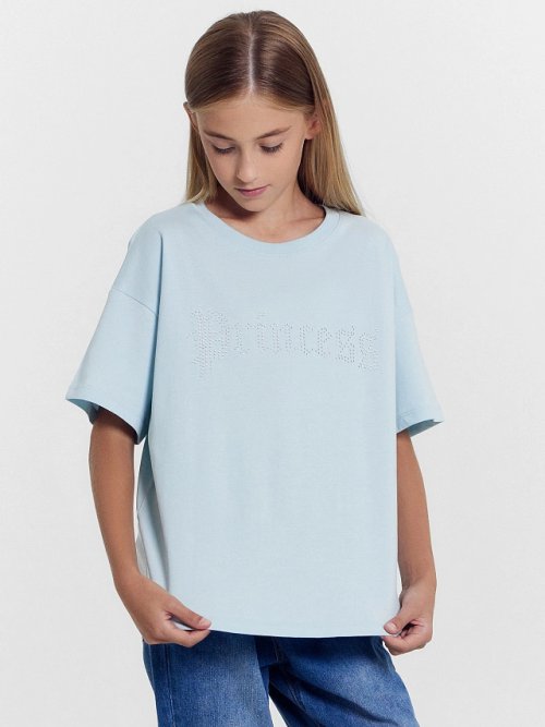 Футболка для девочек голубая с аппликацией из страз, фото 2 из 5