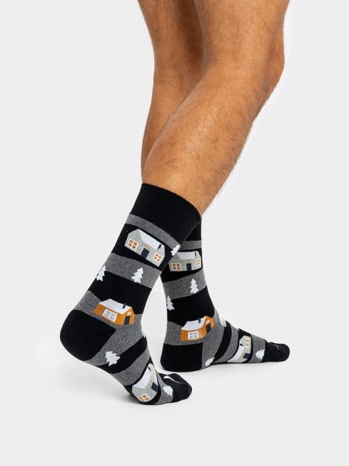 Носки мужские махровые черные с рисунком в виде домиков, фото 2 из 12