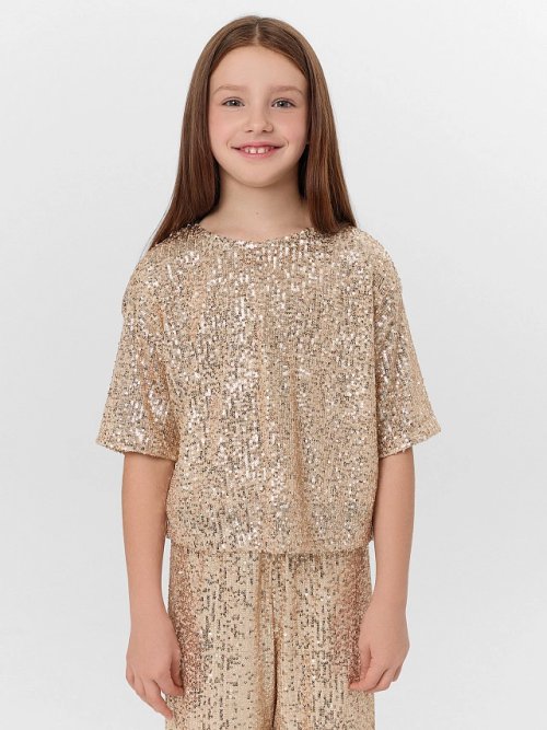 Блузка для девочек бежевая с пайетками, фото 2 из 6