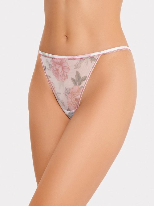 Трусы женские стринги в бежевом оттенке с принтом "пионы", фото 1 из 3