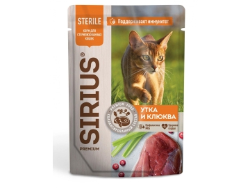 Пауч SIRIUS, для стерилизованных кошек, кусочки в соусе с уткой и клюквой, 85 г