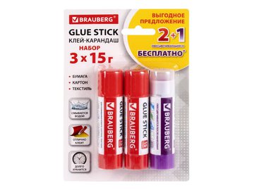 Клей-карандаш BRAUBERG 229474 15 г (2+1 обесцвечивающийся)