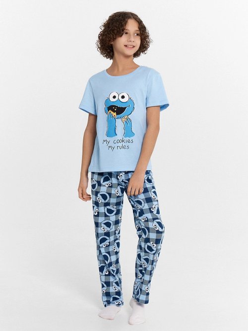 Пижама для мальчиков голубая с принтом Cookie Monster, фото 3 из 9