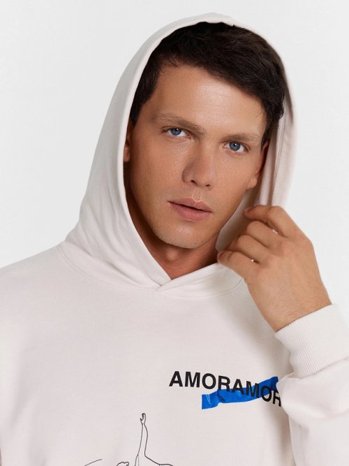 Худи мужское бело-бежевое с печатью, фото 5 из 7