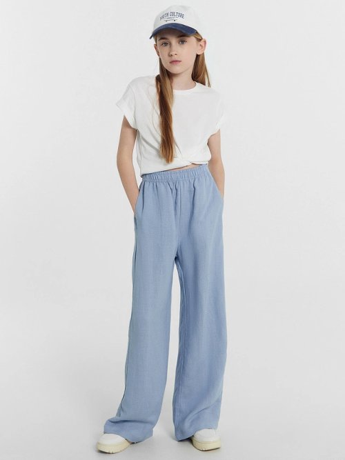 Брюки для девочек серо-голубые из вискозы и льна, фото 1 из 7