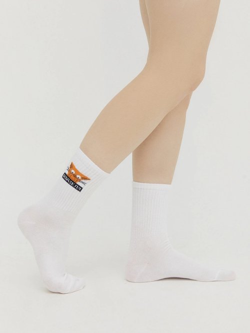 Носки женские белые с рисунком в виде котика с надписью, фото 1 из 4