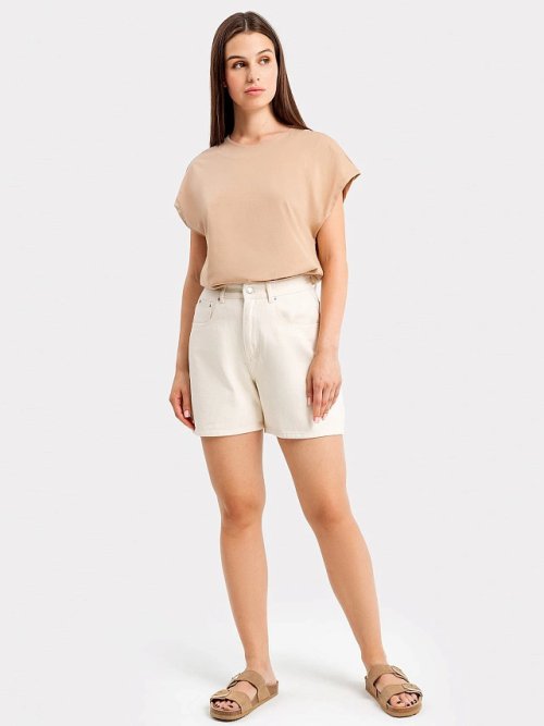 Хлопковая женская футболка-безрукавка в бежевом цвете, фото 3 из 4