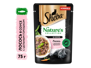 Пауч Sheba, для взрослых кошек, с лососем в соусе с цельным горошком, Nature's Collection, 75 г