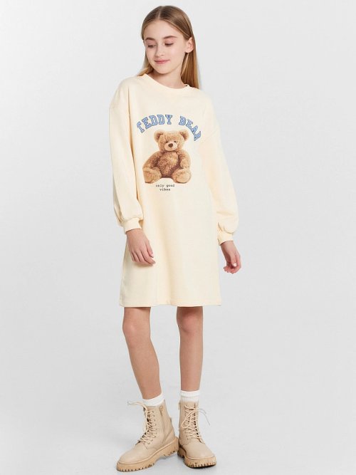 Платье для девочек бежевое с принтом "Teddy bear", фото 2 из 20