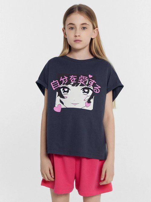 Футболка для девочек серая с принтом аниме, фото 2 из 6