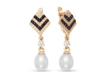Серьги длинные, красное золото 585 проба, вставка фианит/жемчуг