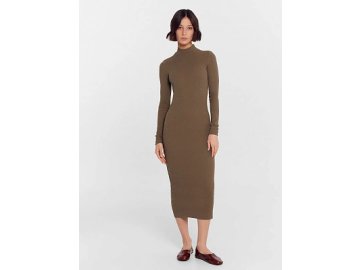 Прилегающее платье в рубчик цвета "хаки" с воротником-стойкой