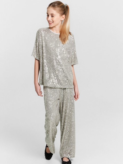 Брюки для девочки серебристые с пайетками, фото 1 из 5