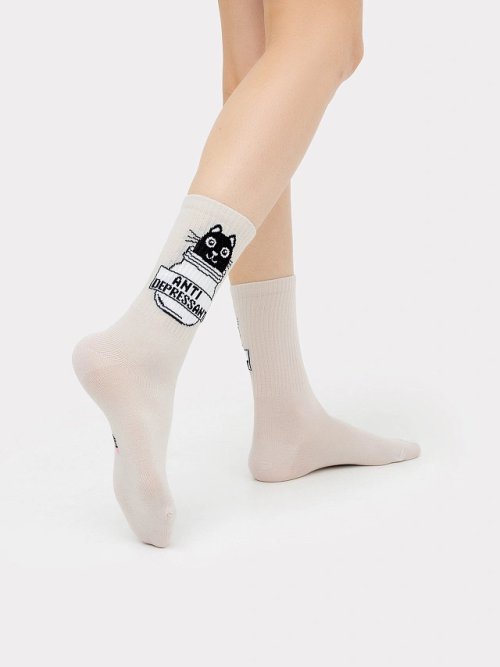 Носки женские серые рисунком в виде котика и надписи "Антидепресант", фото 2 из 4