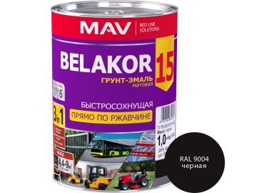 Грунт-эмаль BELAKOR 15 прямо по ржавчине 3 в 1 быстросохнущая RAL 9004 (чёрная) матовая 1,0л (0,9 кг)