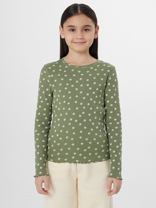 Джемпер для девочек зеленый с цветочным принтом, фото 1 из 24
