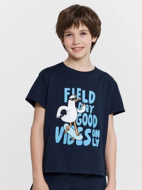 Комплект для мальчиков синий с принтом и надписью "Field day good vibes only", фото 3 из 8