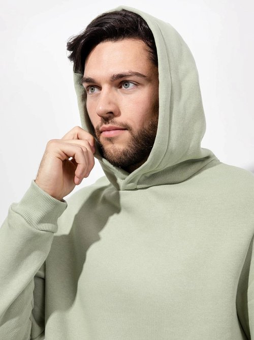Утепленное однотонное худи в пыльно-зеленом оттенке, фото 4 из 5