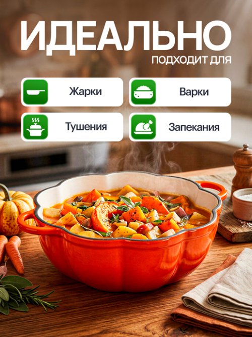 Кокот чугунный эмалированный Pumpkin New 2L, фото 4 из 13