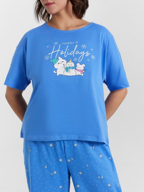 Пижама женская голубая с принтом и надписью "Happy Holidays", фото 8 из 20