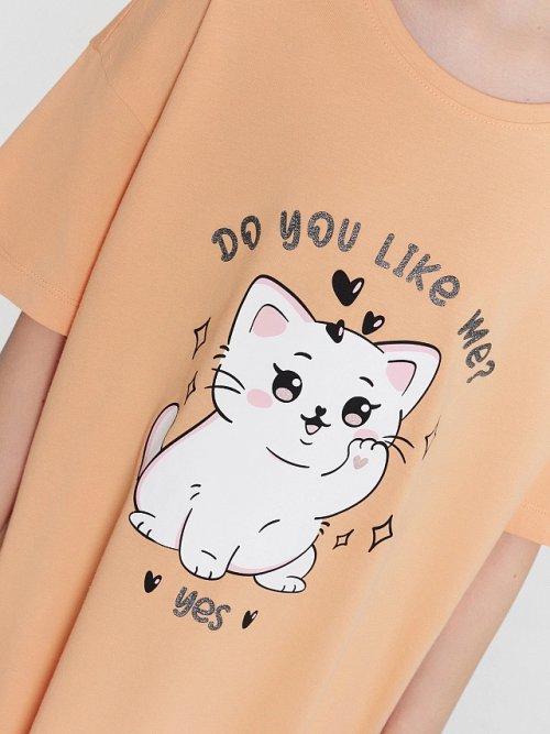 Сорочка ночная для девочек оранжевая с принтом и надписью "Do you like me? Yes", фото 5 из 20