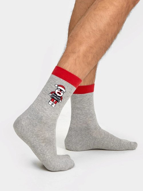 Высокие мужские носки с махровой стопой в оттенке "серый меланж" с новогодним рисунком, фото 2 из 10