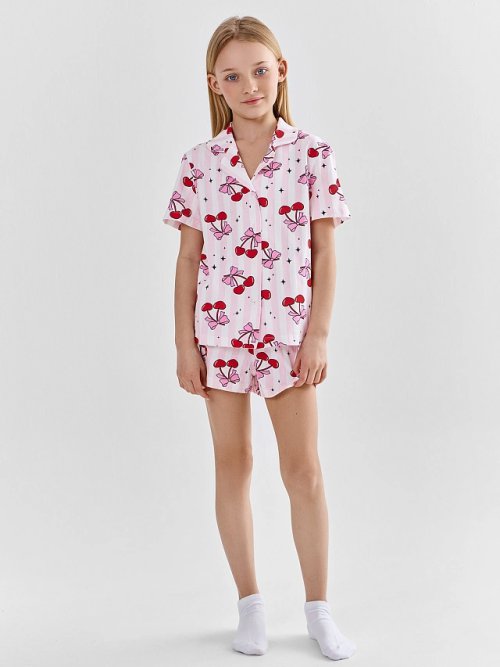 Комплект домашний для девочек с принтом вишенок на полоске, фото 1 из 20